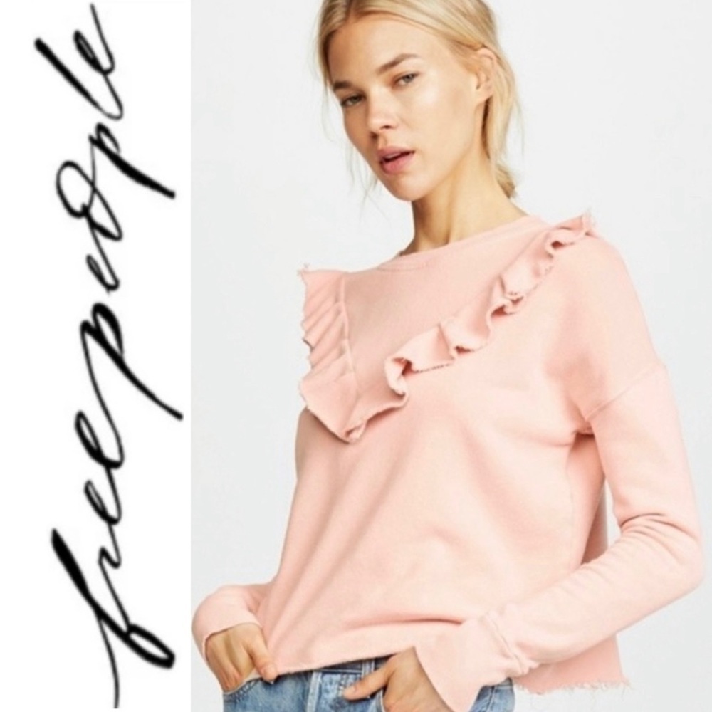 FREE PEOPLE Ooh La La Ruffled Oversized Pullover Sweatshirt in Ballet Pink EUC